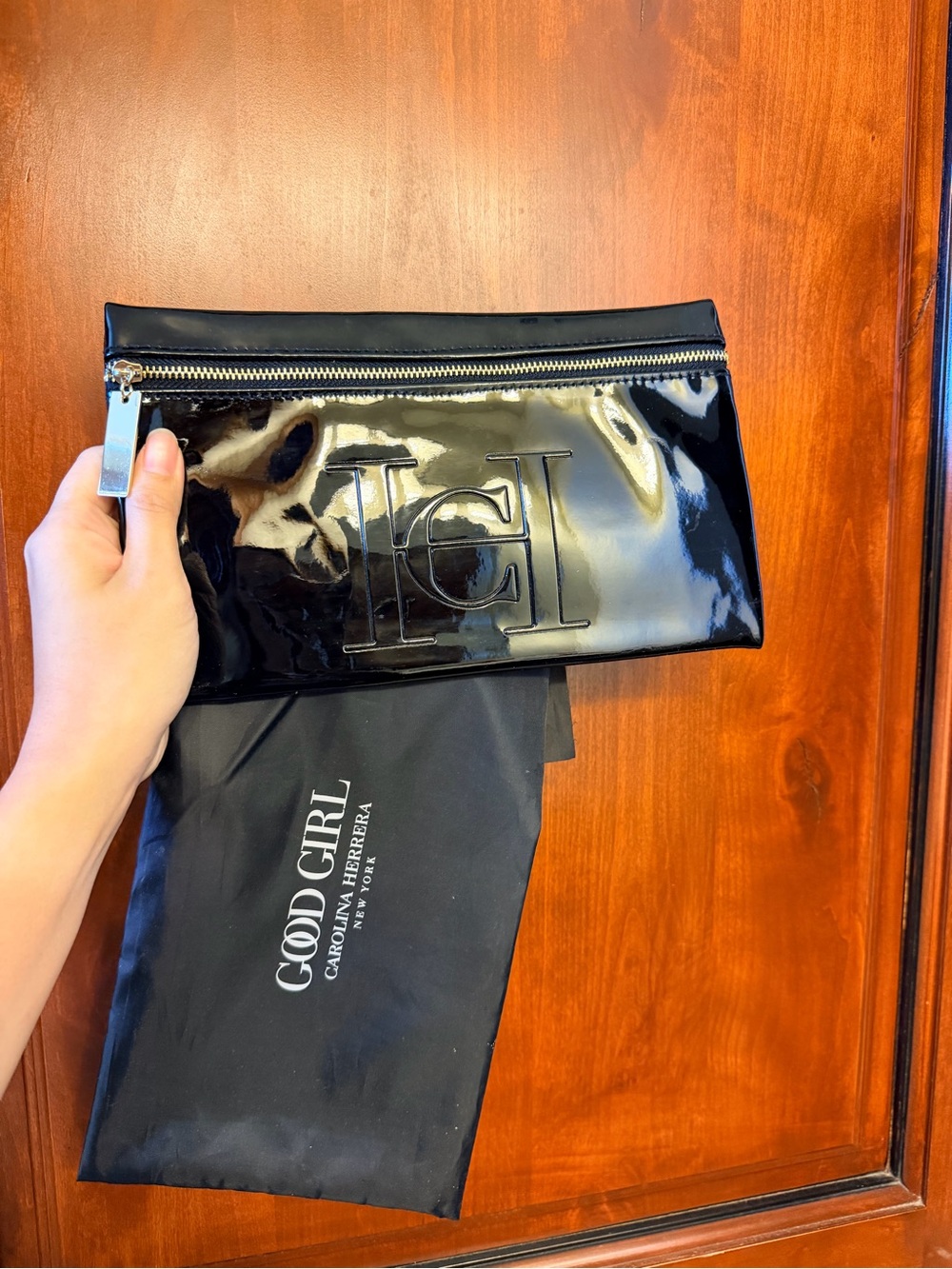 Carolina Herrera Black Patent Leather Good Girl Embossed Makeup Pouch